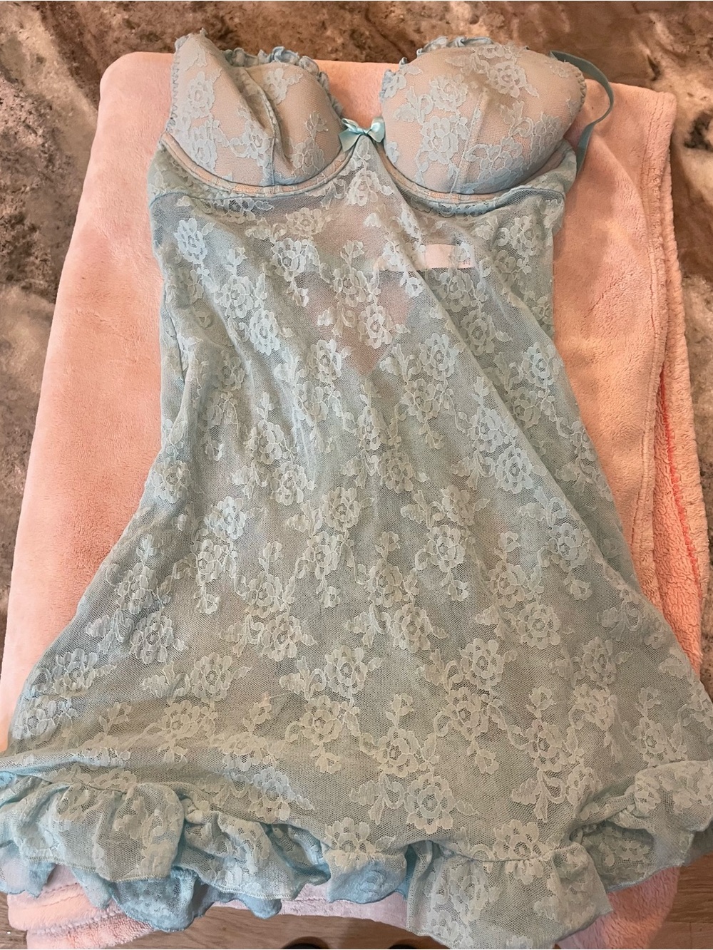 Victoria's Secret Pale Teal Lace Babydoll Chemise with Ruffle Hem